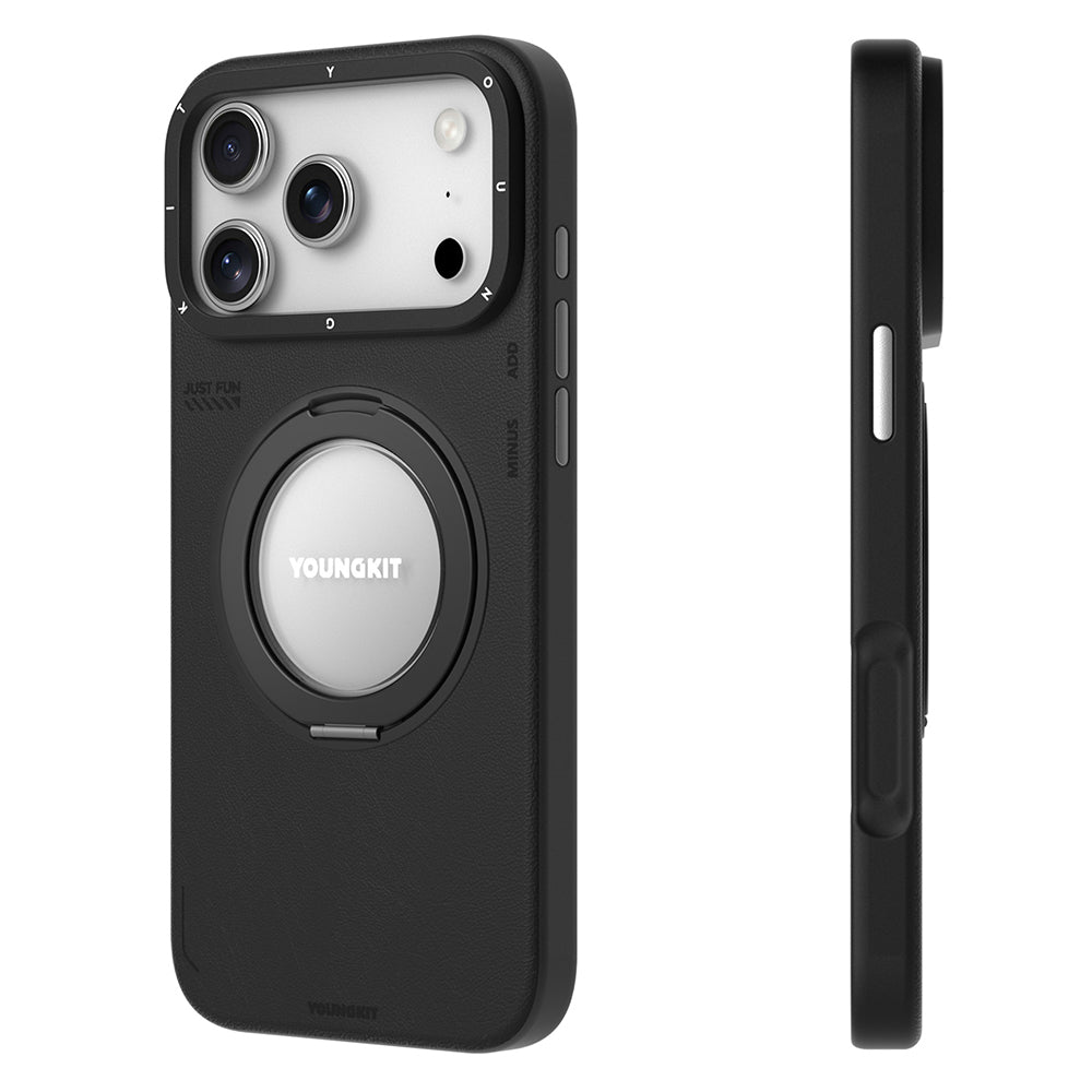 Apple iPhone 17 Pro Max Kılıf M-safe Şarj Özellikli 360 Derece Standlı Basit Mat Deri Desenli Youngkit Tech Leather Serisi Kapak Siyah