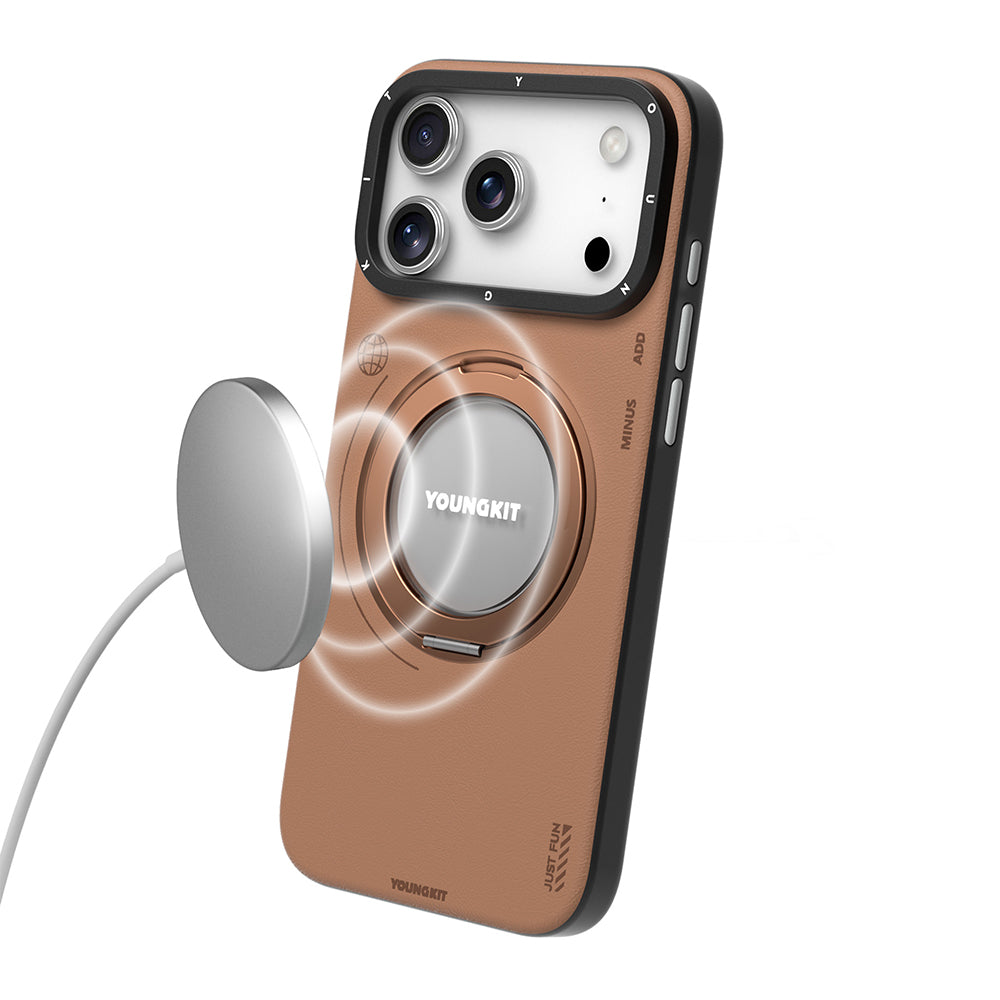 Apple iPhone 17 Pro Max Kılıf M-safe Şarj Özellikli 360 Derece Standlı Basit Mat Deri Desenli Youngkit Tech Leather Serisi Kapak Siyah