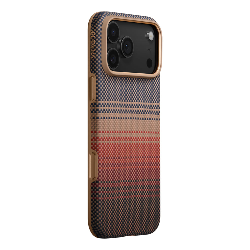 Apple iPhone 17 Pro Max Kılıf M-safe Şarj Özellikli Aramid Fiber Pitaka Military-Grade Sunset-Moonrise Serisi Sunset Kapak Kahverengi