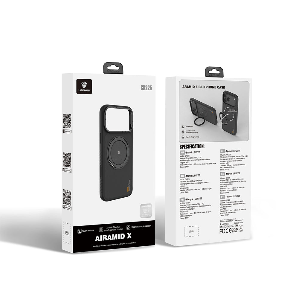 Apple iPhone 17 Pro Max Kılıf M-safe Şarj Özellikli Metal Standlı Lenyes CK225 Kevlar Kapak Siyah