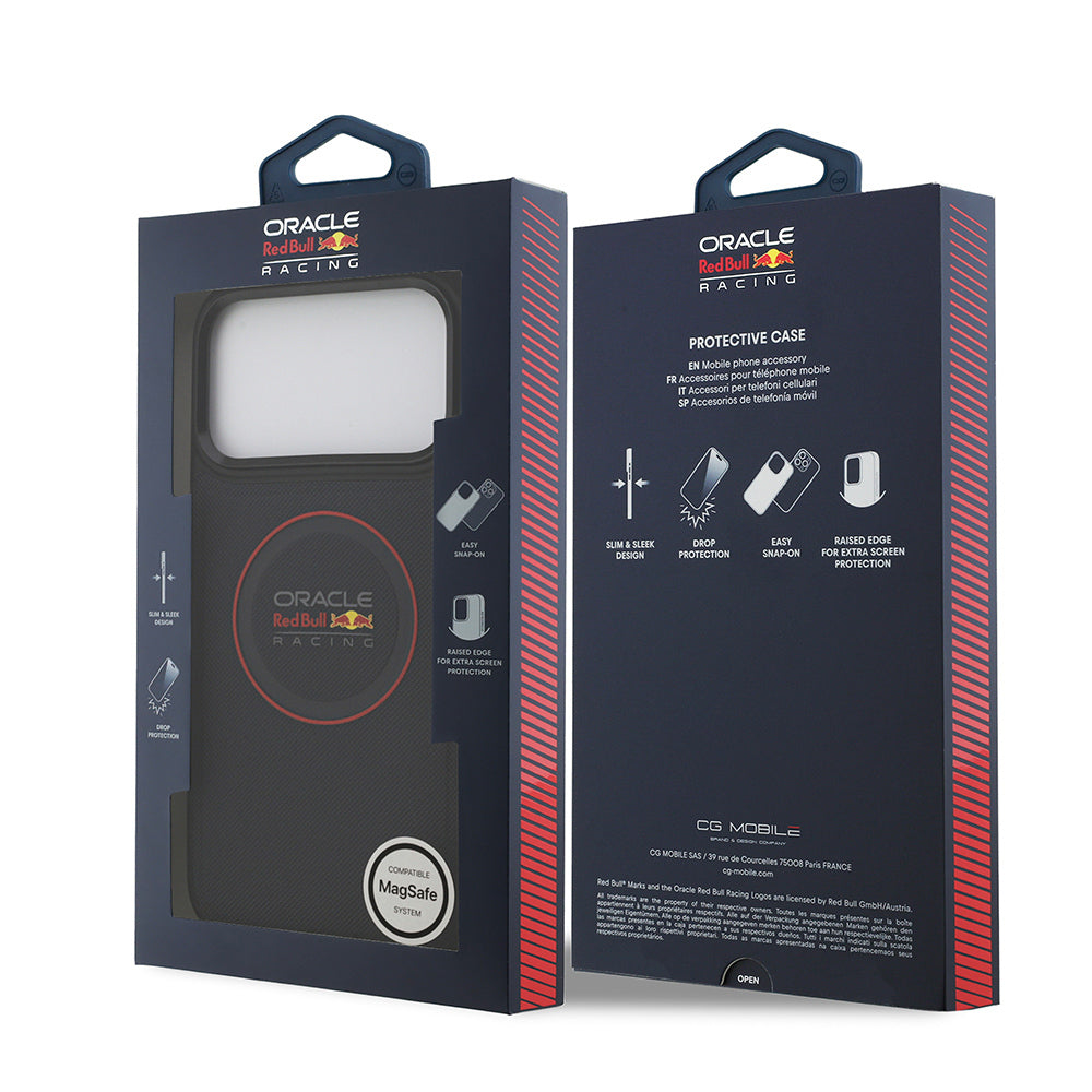 Apple iPhone 17 Pro Max Kılıf Redbull Orjinal Lisanslı M-safe Şarj Özellikli Kırmızı Halka ve Logo Kabartmalı PU Deri Kapak Siyah