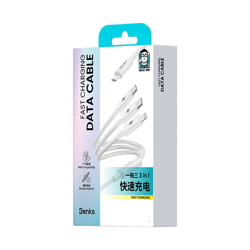 Benks D46 Type-C to Type-C & Type-C & Lightning PD3.0 Örgülü Şarj ve Data Kablosu 100W 1.2 Metre Beyaz