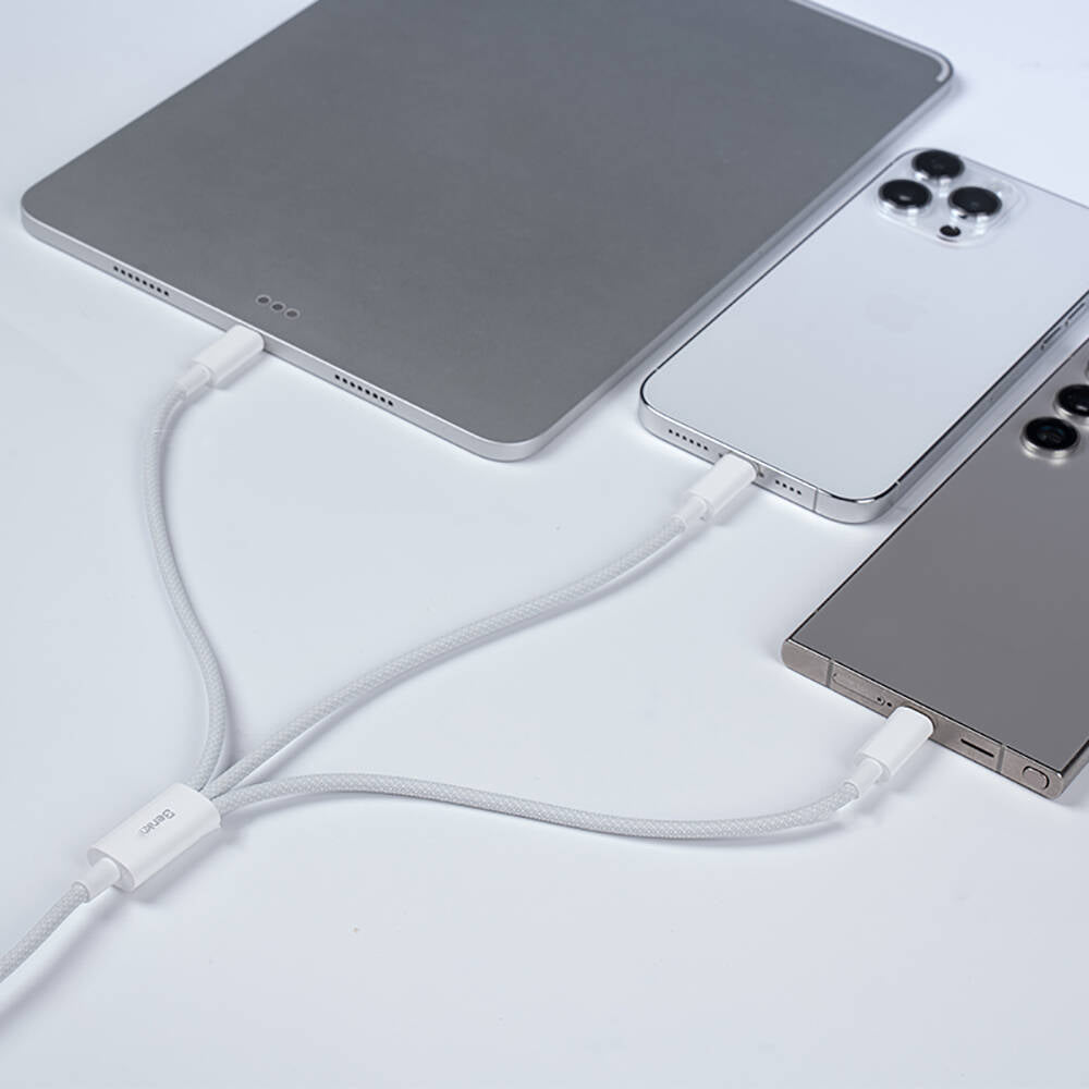 Benks D46 Type-C to Type-C & Type-C & Lightning PD3.0 Örgülü Şarj ve Data Kablosu 100W 1.2 Metre Beyaz