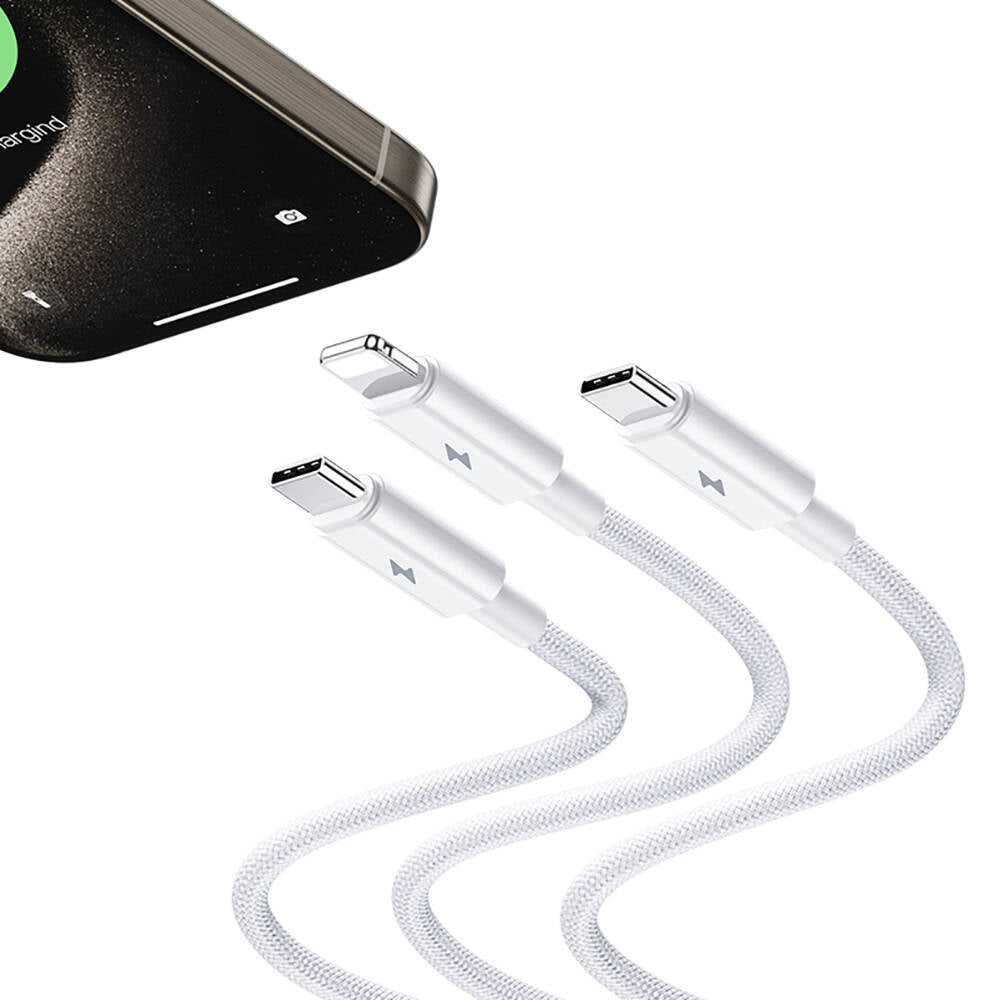 Benks D46 Type-C to Type-C & Type-C & Lightning PD3.0 Örgülü Şarj ve Data Kablosu 100W 1.2 Metre Beyaz