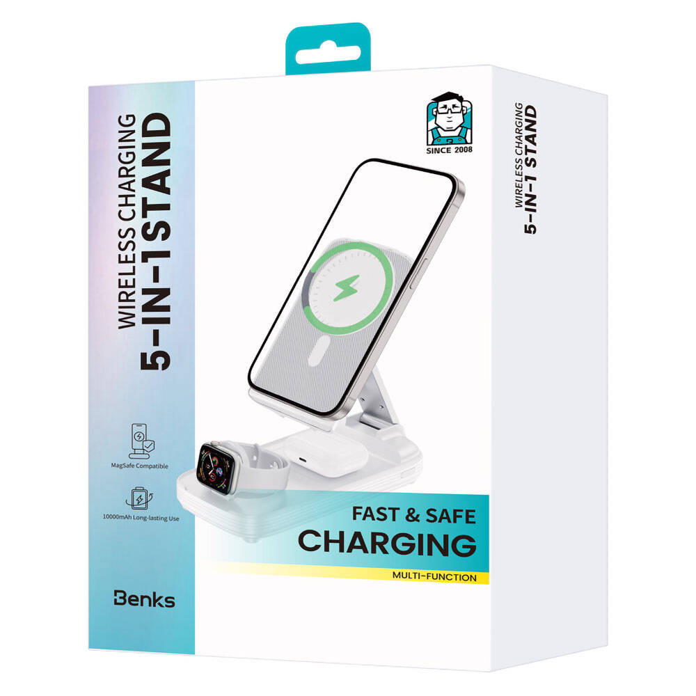 Benks MP13 5in1 Dijital LED Göstergeli Katlanabilir Kablosuz Şarj Standlı Powerbank 15W 10000mAh Beyaz