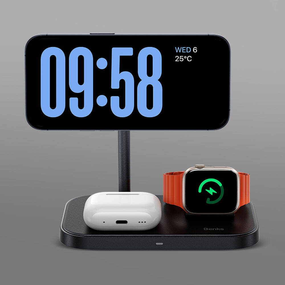Benks W16 3in1 Telefon&Akıllı Saat&Kulaklık Kablosuz Şarj Standı Beyaz
