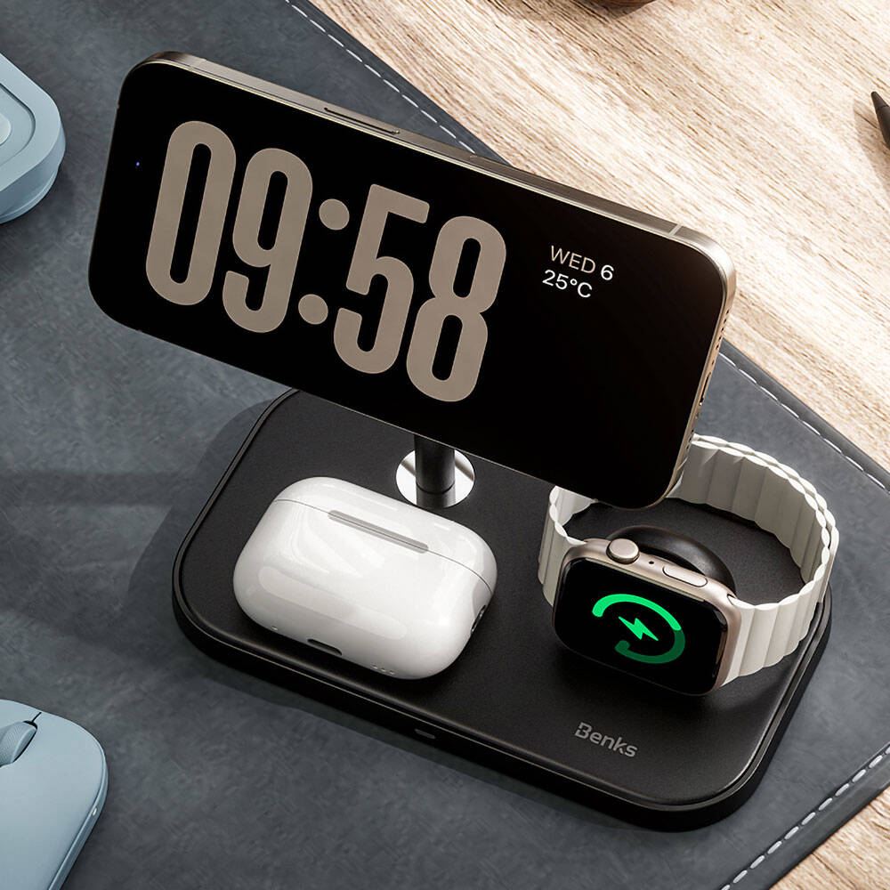 Benks W16 3in1 Telefon&Akıllı Saat&Kulaklık Kablosuz Şarj Standı Beyaz