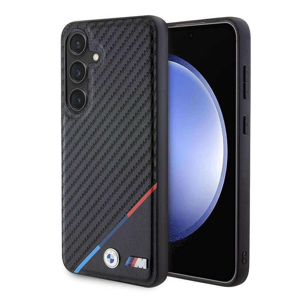 Galaxy S24 Kılıf BMW Orjinal Lisanslı M-safe Şarj Özellikli M Logolu Üç Çizgili PU Karbon Kapak