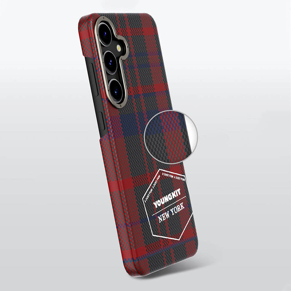 Galaxy S24 Kılıf Ekose Desenli Youngkit Gezhi Serisi Kılıf Kırmızı