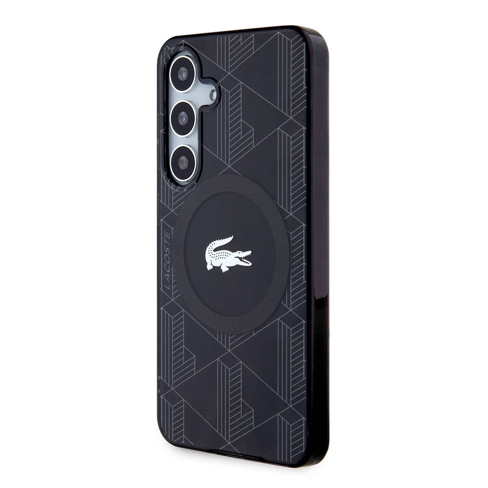 Galaxy S24 Kılıf Lacoste Orjinal Lisanslı Magsafe Şarj Özellikli Çift Katmanlı Timsah Logolu Blend Monogram Kılıf Siyah