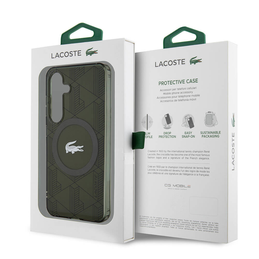 Galaxy S24 Kılıf Lacoste Orjinal Lisanslı Magsafe Şarj Özellikli Çift Katmanlı Timsah Logolu Blend Monogram Kılıf Petrol Yeşil