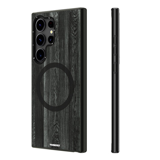 Galaxy S24 Ultra Kılıf Magsafe Şarj Özellikli Sararmaya Dayanıklı Youngkit Wood Forest Serisi Kılıf Siyah