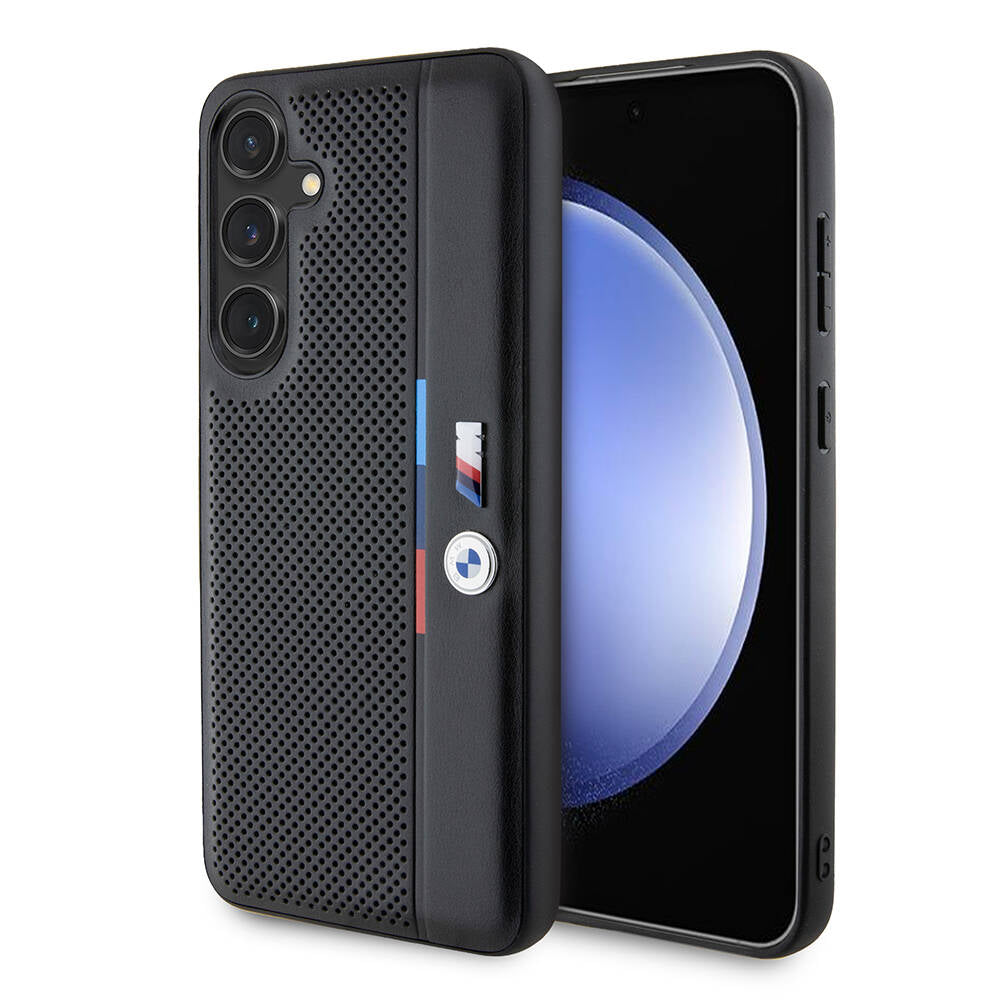 Galaxy S24 Plus Kılıf BMW Orjinal Lisanslı M Logolu Üç Renk Çizgili Delikli Detail Line Kılıf Siyah