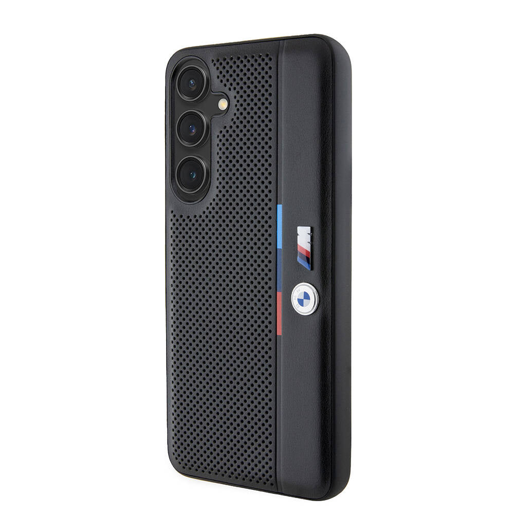Galaxy S24 Plus Kılıf BMW Orjinal Lisanslı M Logolu Üç Renk Çizgili Delikli Detail Line Kılıf Siyah