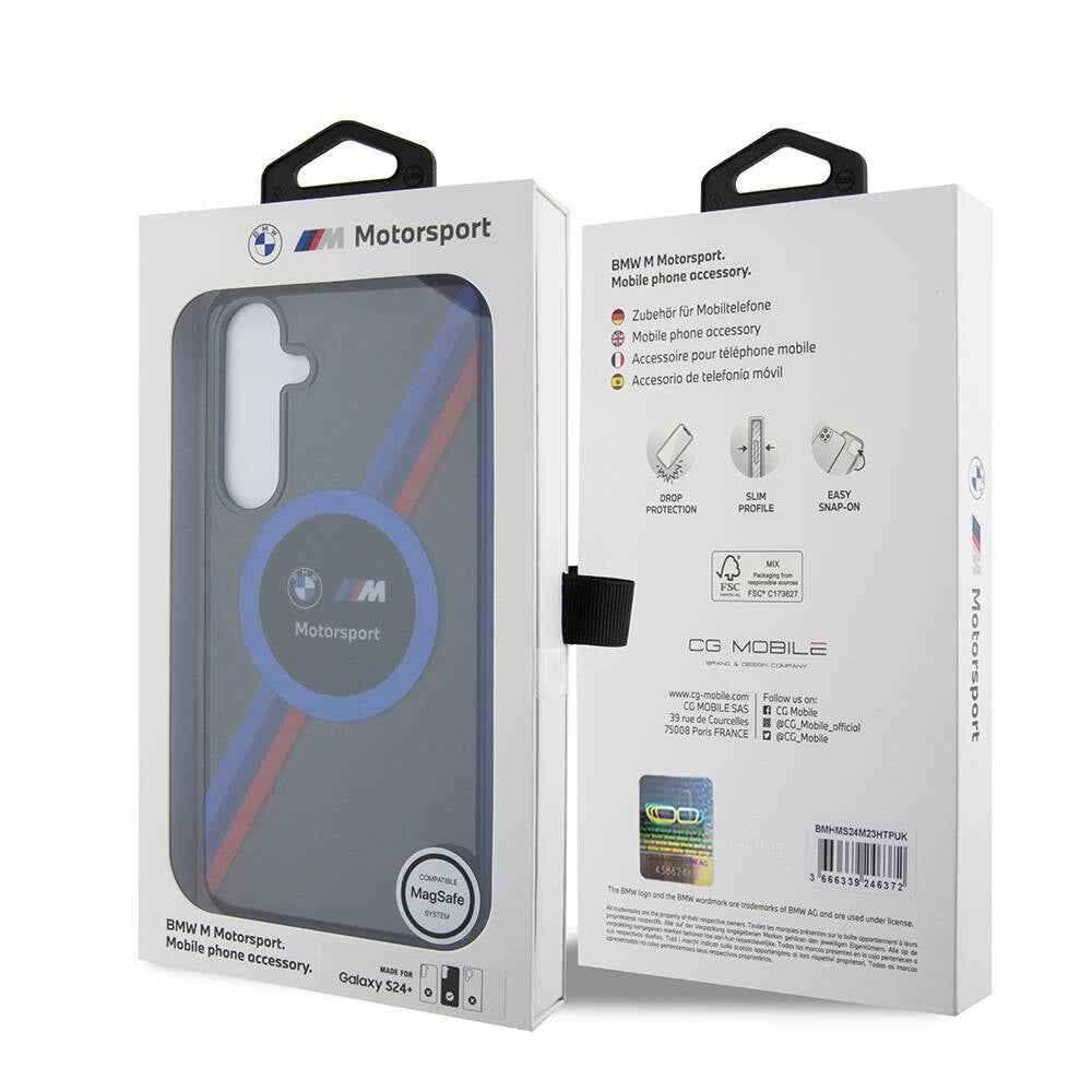 Galaxy S24 Plus Kılıf BMW Orjinal Lisanslı M Logolu Üç Renk Çizgili Motorsport Circle Kılıf Siyah