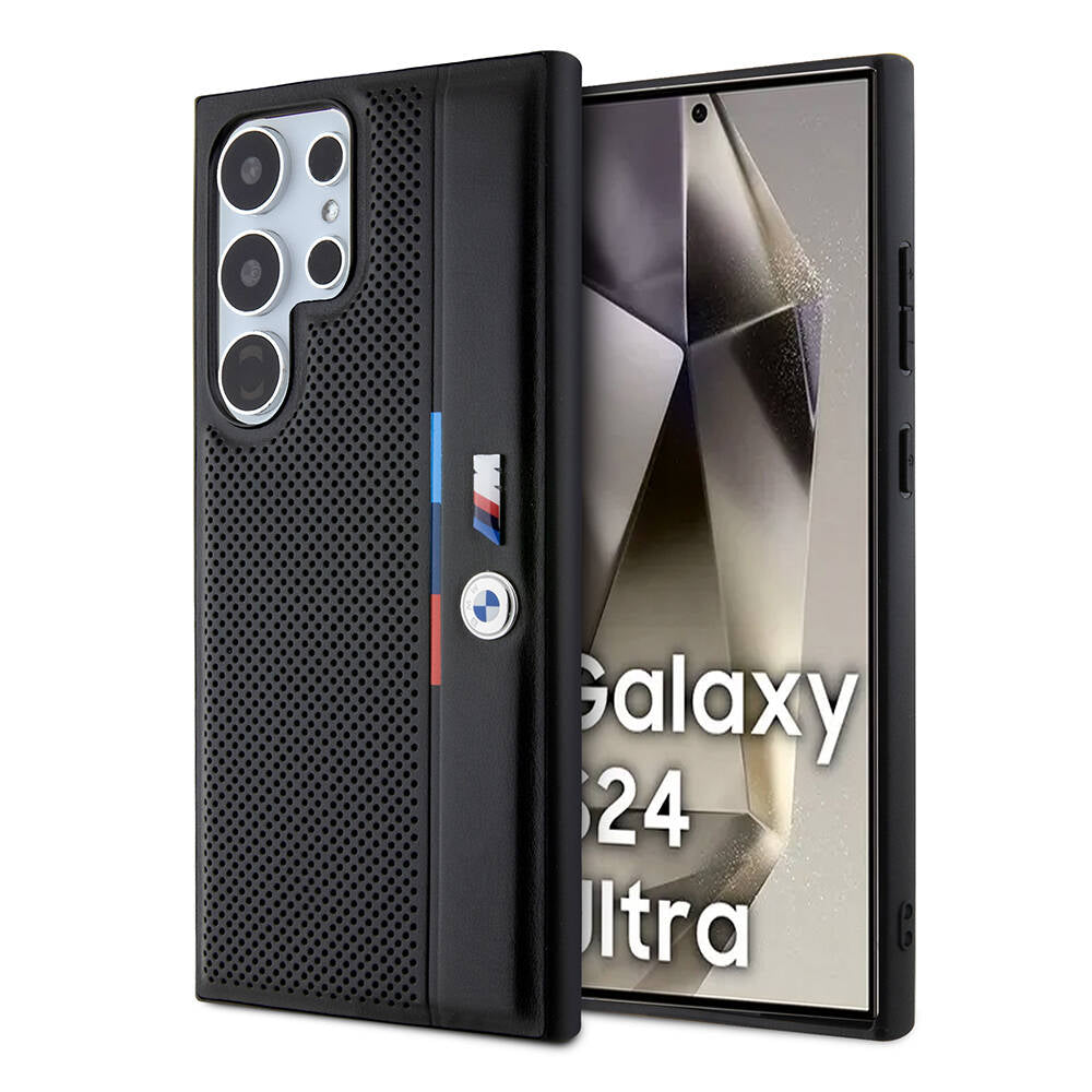 Galaxy S24 Ultra Kılıf BMW Orjinal Lisanslı M Logolu Üç Renk Çizgili Delikli Detail Line Kılıf Siyah