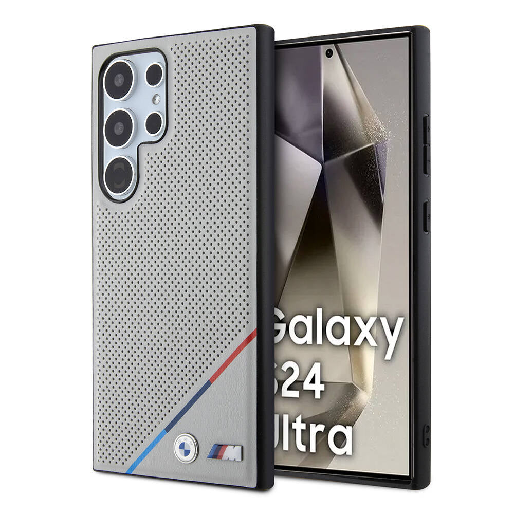 Galaxy S24 Ultra Kılıf BMW Orjinal Lisanslı Magsafe Şarj Özellikli M Logolu Üç Çizgili Delikli Deri Kılıf Gri
