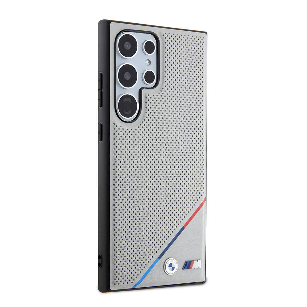Galaxy S24 Ultra Kılıf BMW Orjinal Lisanslı Magsafe Şarj Özellikli M Logolu Üç Çizgili Delikli Deri Kılıf Gri