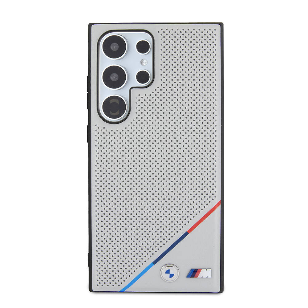 Galaxy S24 Ultra Kılıf BMW Orjinal Lisanslı Magsafe Şarj Özellikli M Logolu Üç Çizgili Delikli Deri Kılıf Gri