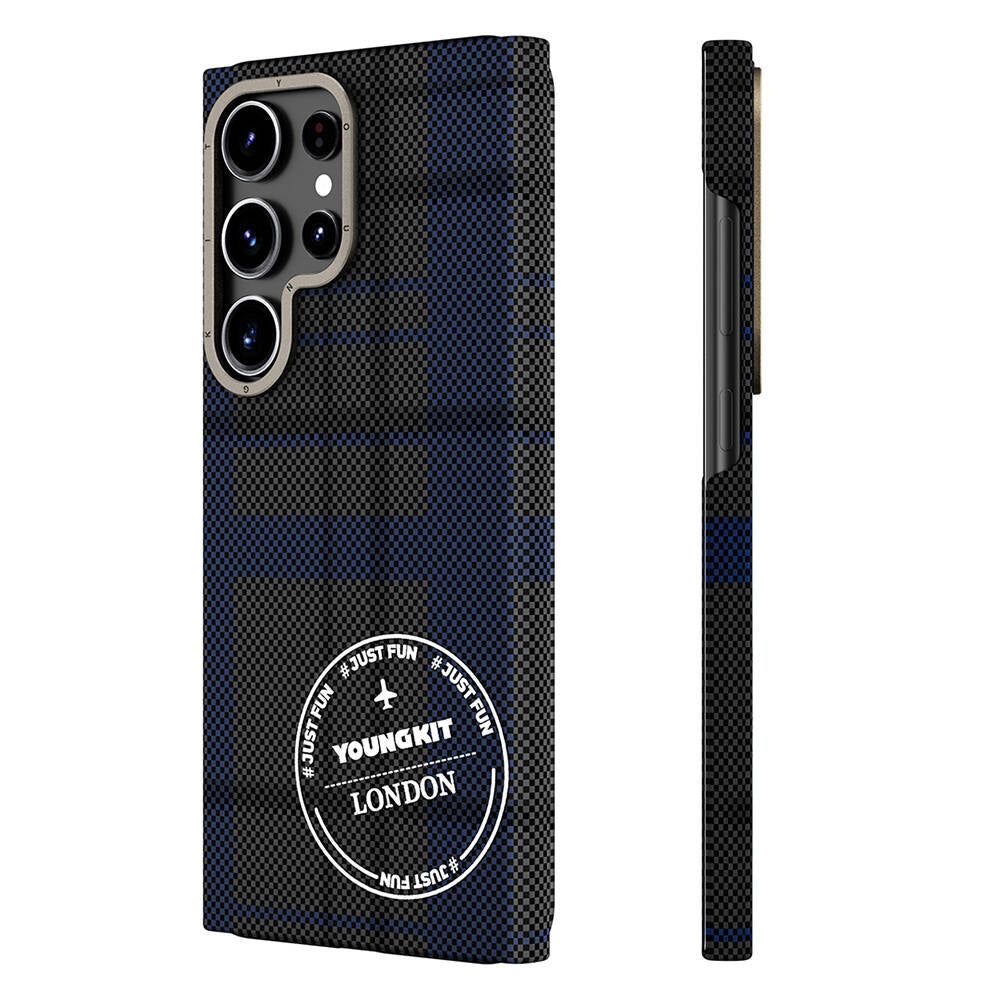 Galaxy S24 Ultra Kılıf Ekose Desenli Youngkit Gezhi Serisi Kılıf Mavi