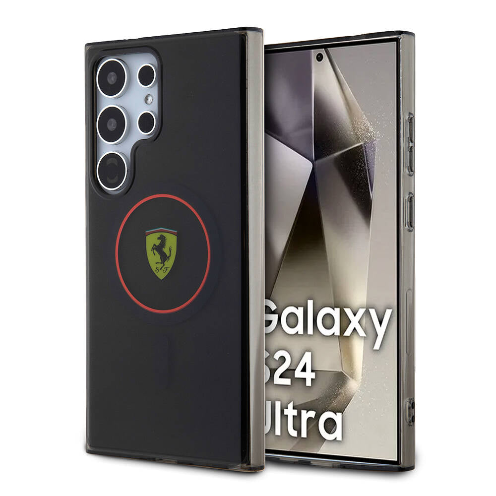 Galaxy S24 Ultra Kılıf Ferrari Orjinal Lisanslı Magsafe Şarj Özellikli Füme İç Yüzey Circle Line Kılıf Siyah