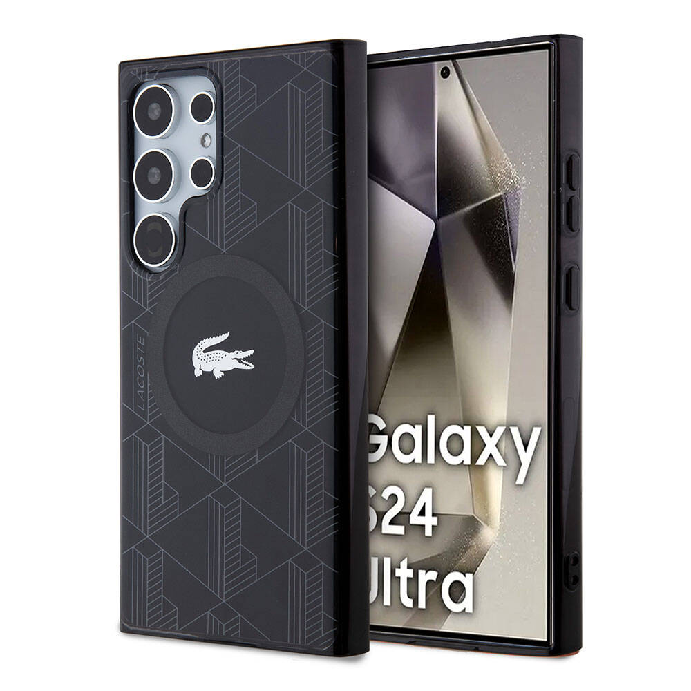 Galaxy S24 Ultra Kılıf Lacoste Orjinal Lisanslı Magsafe Şarj Özellikli Çift Katmanlı Timsah Logolu Blend Monogram Kılıf Petrol Yeşil