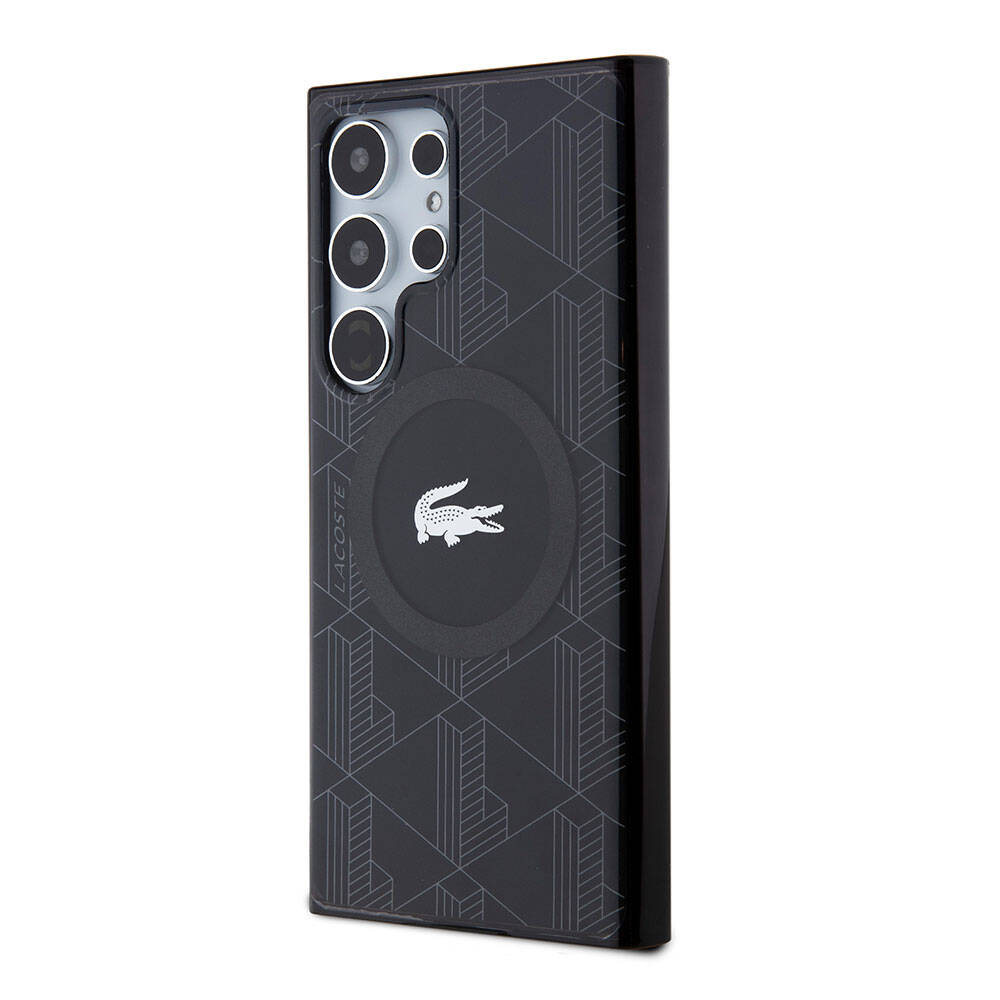 Galaxy S24 Ultra Kılıf Lacoste Orjinal Lisanslı Magsafe Şarj Özellikli Çift Katmanlı Timsah Logolu Blend Monogram Kılıf Siyah