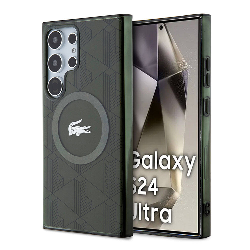 Galaxy S24 Ultra Kılıf Lacoste Orjinal Lisanslı Magsafe Şarj Özellikli Çift Katmanlı Timsah Logolu Blend Monogram Kılıf Petrol Yeşil