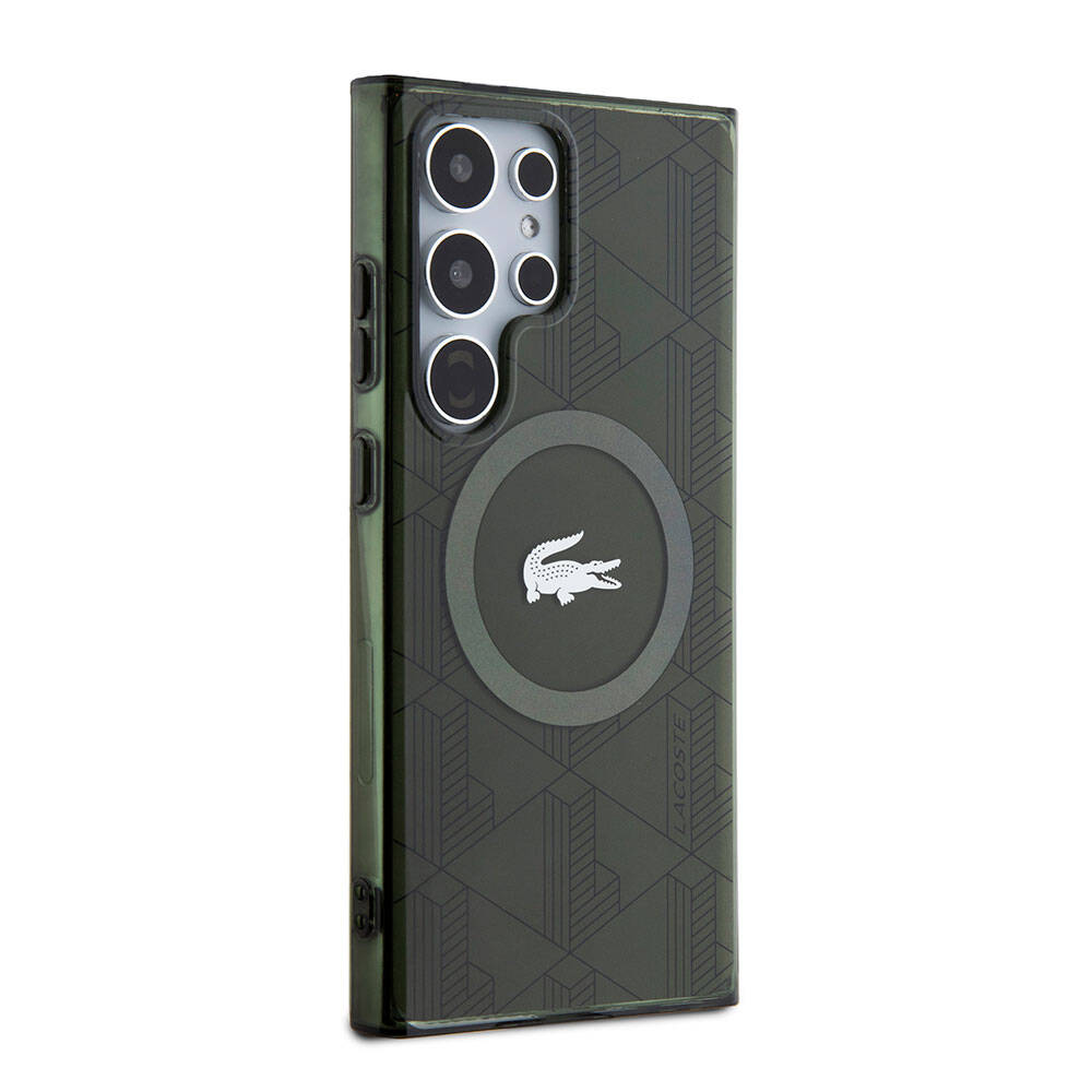 Galaxy S24 Ultra Kılıf Lacoste Orjinal Lisanslı Magsafe Şarj Özellikli Çift Katmanlı Timsah Logolu Blend Monogram Kılıf Siyah