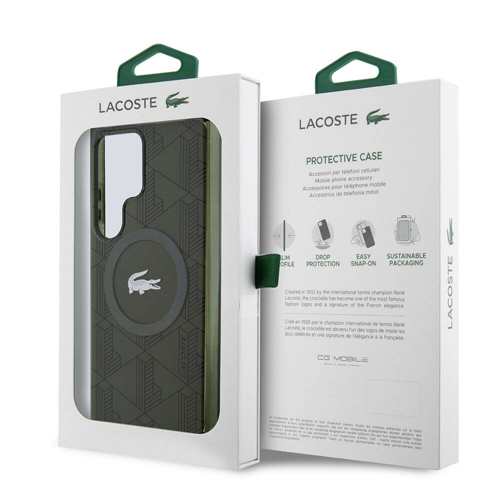 Galaxy S24 Ultra Kılıf Lacoste Orjinal Lisanslı Magsafe Şarj Özellikli Çift Katmanlı Timsah Logolu Blend Monogram Kılıf Petrol Yeşil
