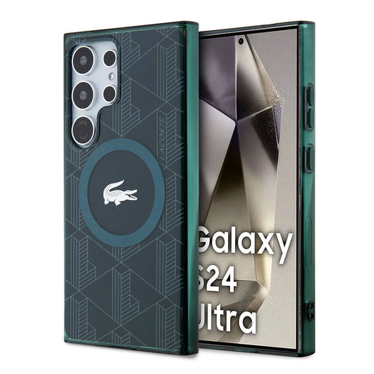 Galaxy S24 Ultra Kılıf Lacoste Orjinal Lisanslı Magsafe Şarj Özellikli Çift Katmanlı Timsah Logolu Blend Monogram Kılıf Siyah