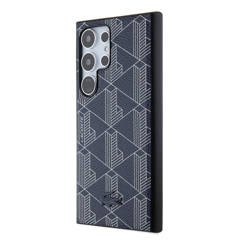 Galaxy S24 Ultra Kılıf Lacoste Orjinal Lisanslı Magsafe Şarj Özellikli PU Deri Görünümlü Karışık Monogram Desenli Kılıf Lacivert