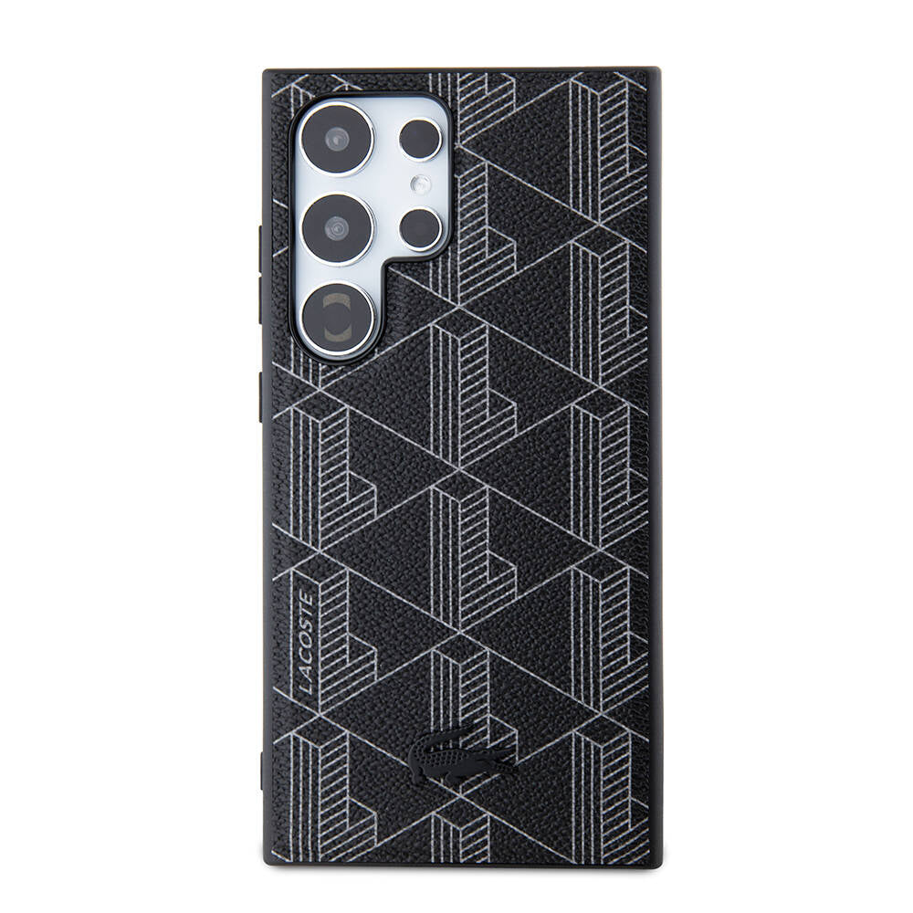 Galaxy S24 Ultra Kılıf Lacoste Orjinal Lisanslı Magsafe Şarj Özellikli PU Deri Görünümlü Karışık Monogram Desenli Kılıf Lacivert