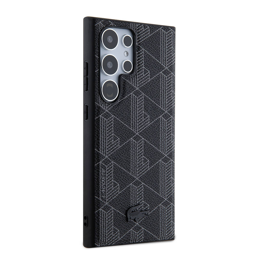 Galaxy S24 Ultra Kılıf Lacoste Orjinal Lisanslı Magsafe Şarj Özellikli PU Deri Görünümlü Karışık Monogram Desenli Kılıf Siyah