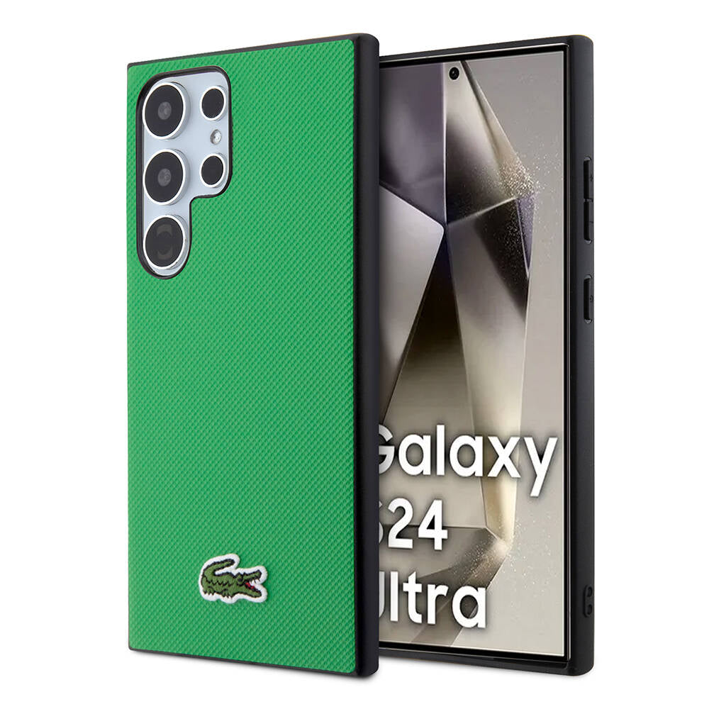 Galaxy S24 Ultra Kılıf Lacoste Orjinal Lisanslı PU Pike Desenli Arka Yüzey İkonik Timsah Dokuma Logolu Kılıf Yeşil