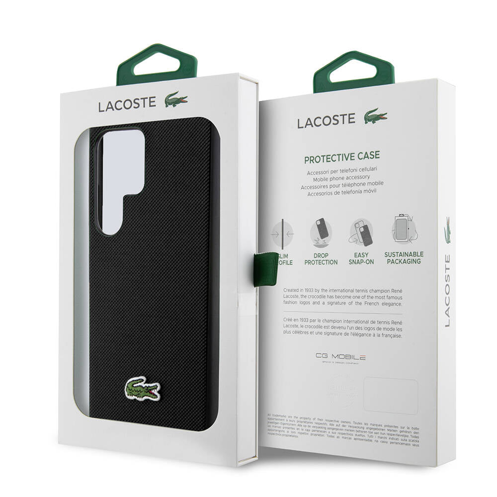 Galaxy S24 Ultra Kılıf Lacoste Orjinal Lisanslı PU Pike Desenli Arka Yüzey İkonik Timsah Dokuma Logolu Kılıf Siyah