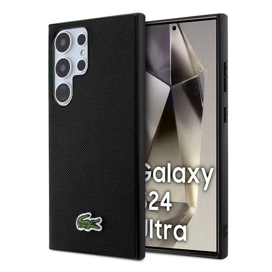 Galaxy S24 Ultra Kılıf Lacoste Orjinal Lisanslı PU Pike Desenli Arka Yüzey İkonik Timsah Dokuma Logolu Kılıf Siyah