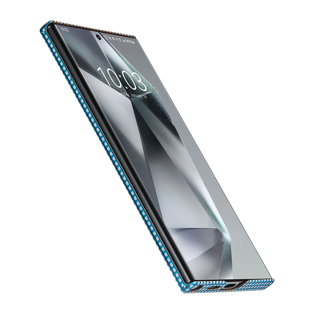 Galaxy S24 Ultra Kılıf Magsafe Şarj Özellikli 1500D Aramid Fiber Pitaka Ultra-Slim Classic Serisi Ice Sea Kılıf Mavi