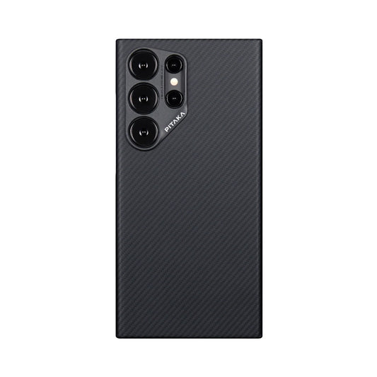 Galaxy S24 Ultra Kılıf Magsafe Şarj Özellikli 600D Aramid Fiber Pitaka Ultra-Slim Classic Serisi Black-Grey Twill Kılıf Siyah