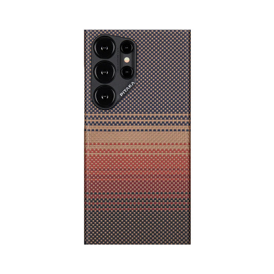 Galaxy S24 Ultra Kılıf Magsafe Şarj Özellikli Aramid Fiber Pitaka Tactile Woven Sunset-Moonrise Serisi Sunset Kılıf Kahverengi