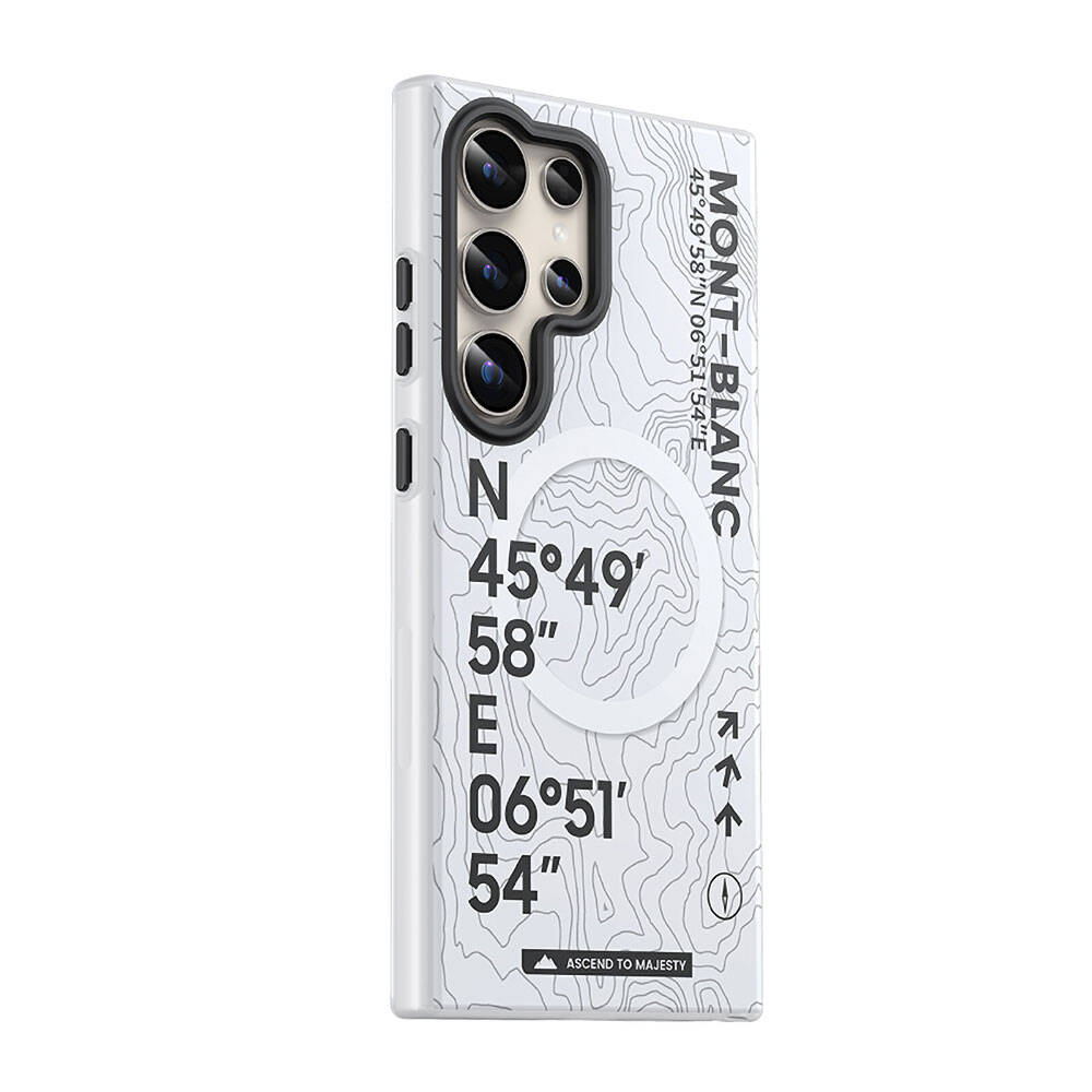 Galaxy S24 Ultra Kılıf Magsafe Şarj Özellikli Koordinat Yazı Desenli Benks Summit Serisi Kılıf Beyaz
