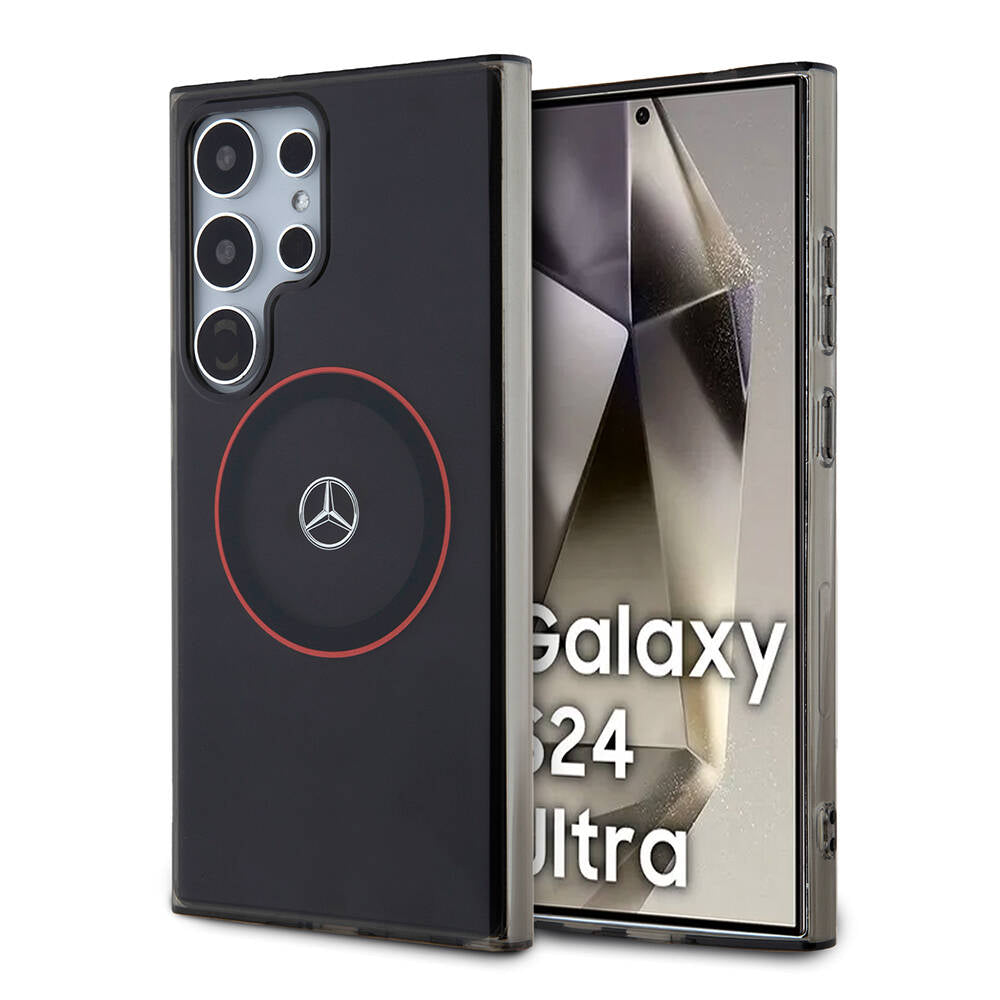 Galaxy S24 Ultra Kılıf Mercedes Benz Orjinal Lisanslı Magsafe Şarj Özellikli IML Yıldız Logolu Red Ring Kılıf Siyah