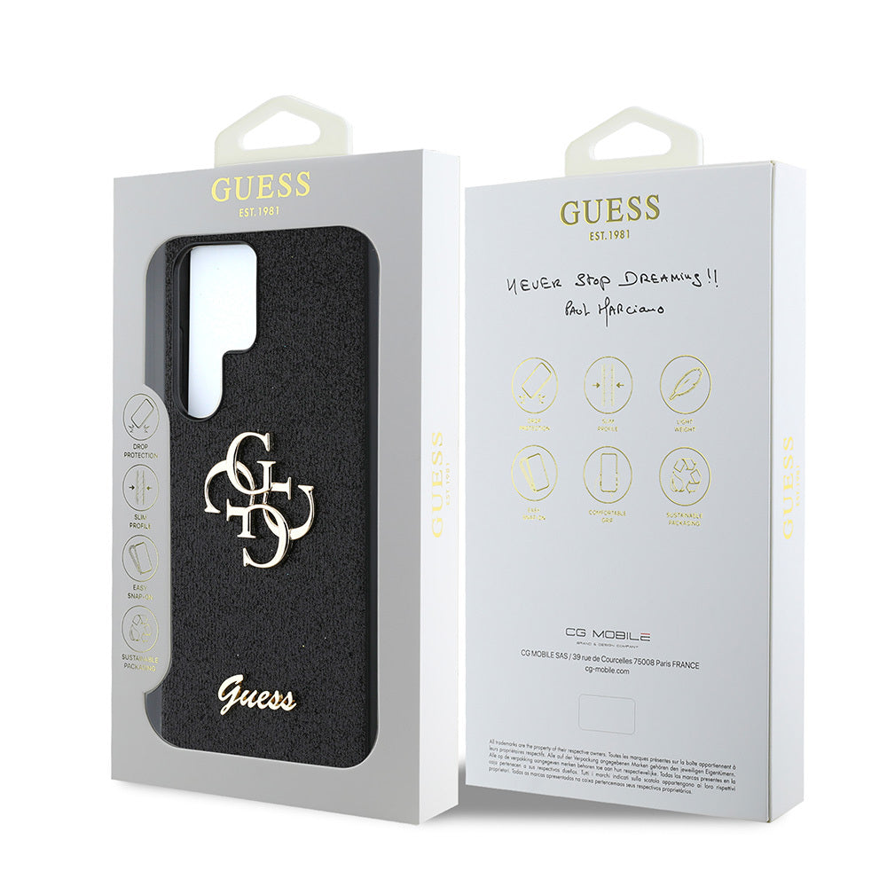 Galaxy S25 Ultra Kılıf Guess Orjinal Lisanslı 4G Büyük Metal Logolu Glitter Kapak Siyah