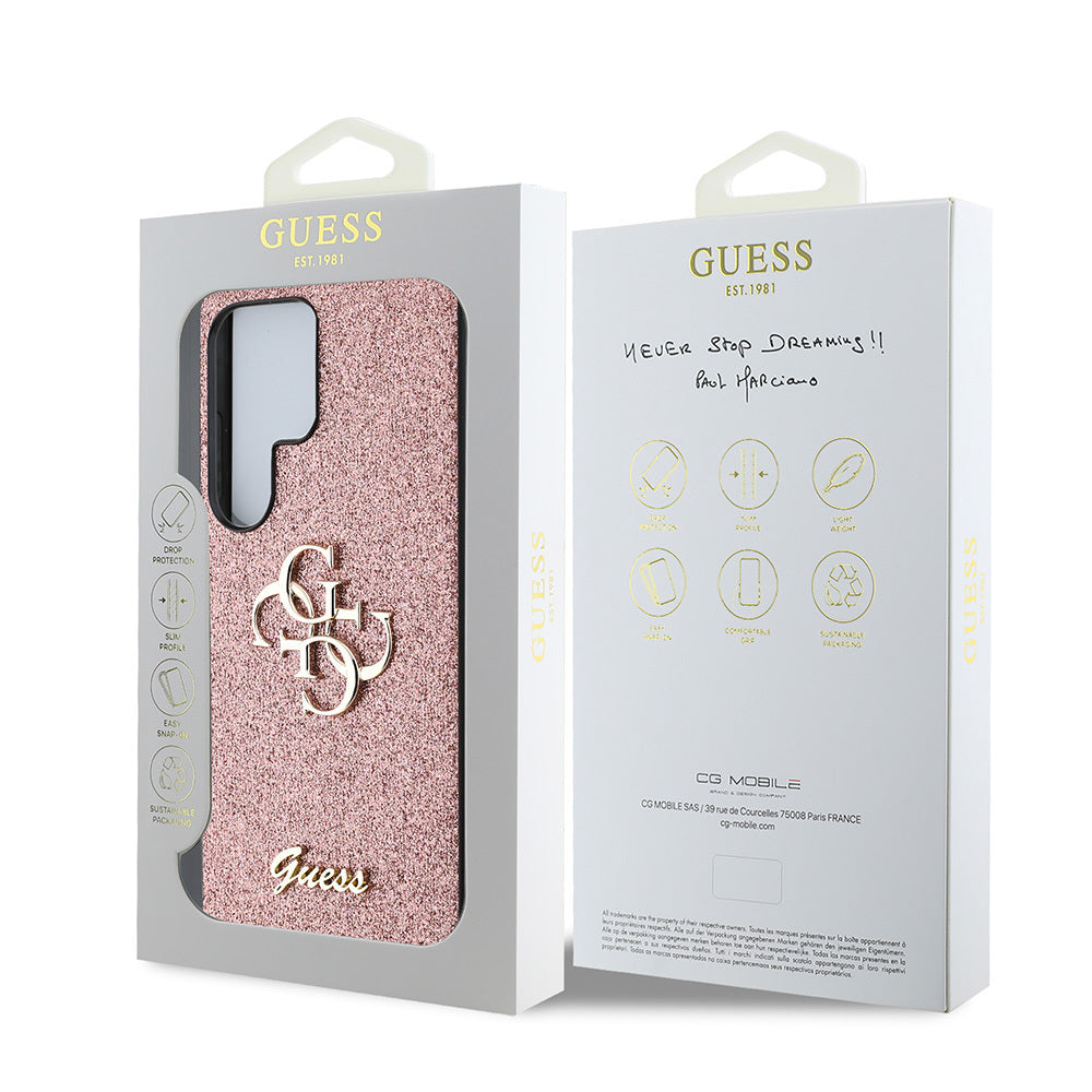 Galaxy S25 Ultra Kılıf Guess Orjinal Lisanslı 4G Büyük Metal Logolu Glitter Kapak Pembe