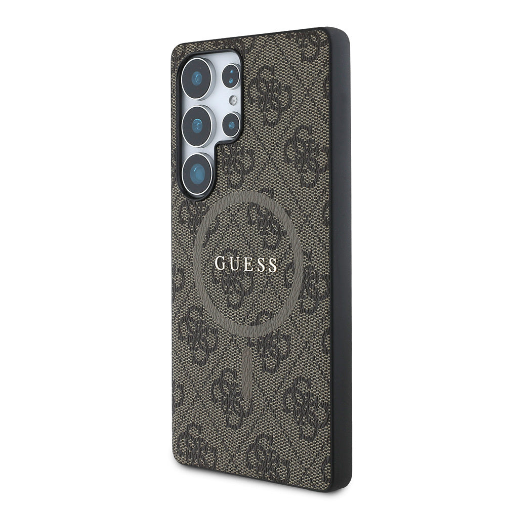 Galaxy S25 Ultra Kılıf Guess Orjinal Lisanslı M-safe Şarj Özellikli PU Halkalı 4G Desenli Yazı Logolu Kapak Kahverengi