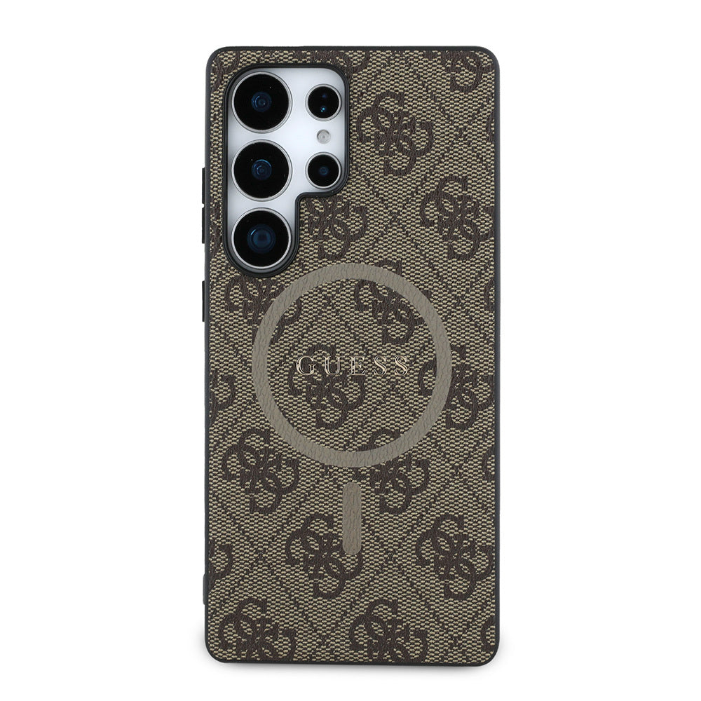 Galaxy S25 Ultra Kılıf Guess Orjinal Lisanslı M-safe Şarj Özellikli PU Halkalı 4G Desenli Yazı Logolu Kapak Siyah