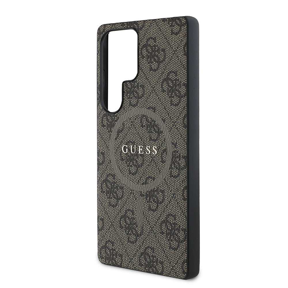 Galaxy S25 Ultra Kılıf Guess Orjinal Lisanslı M-safe Şarj Özellikli PU Halkalı 4G Desenli Yazı Logolu Kapak Kahverengi