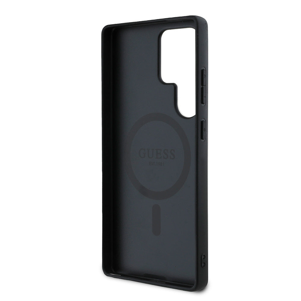 Galaxy S25 Ultra Kılıf Guess Orjinal Lisanslı M-safe Şarj Özellikli PU Halkalı 4G Desenli Yazı Logolu Kapak Siyah