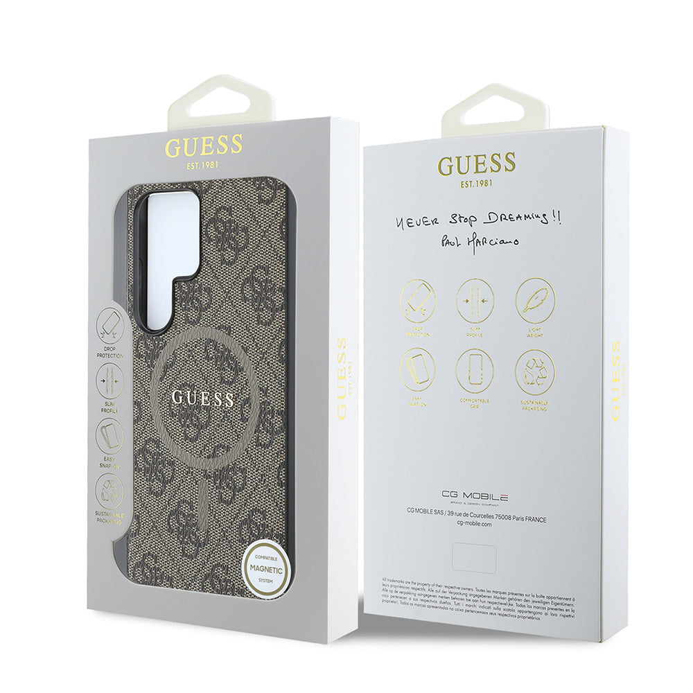 Galaxy S25 Ultra Kılıf Guess Orjinal Lisanslı M-safe Şarj Özellikli PU Halkalı 4G Desenli Yazı Logolu Kapak Kahverengi