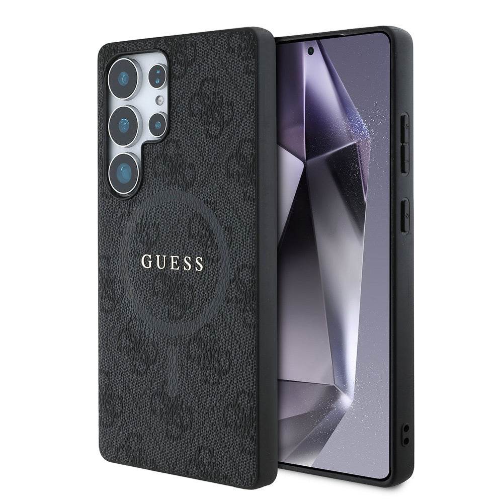 Galaxy S25 Ultra Kılıf Guess Orjinal Lisanslı M-safe Şarj Özellikli PU Halkalı 4G Desenli Yazı Logolu Kapak Kahverengi
